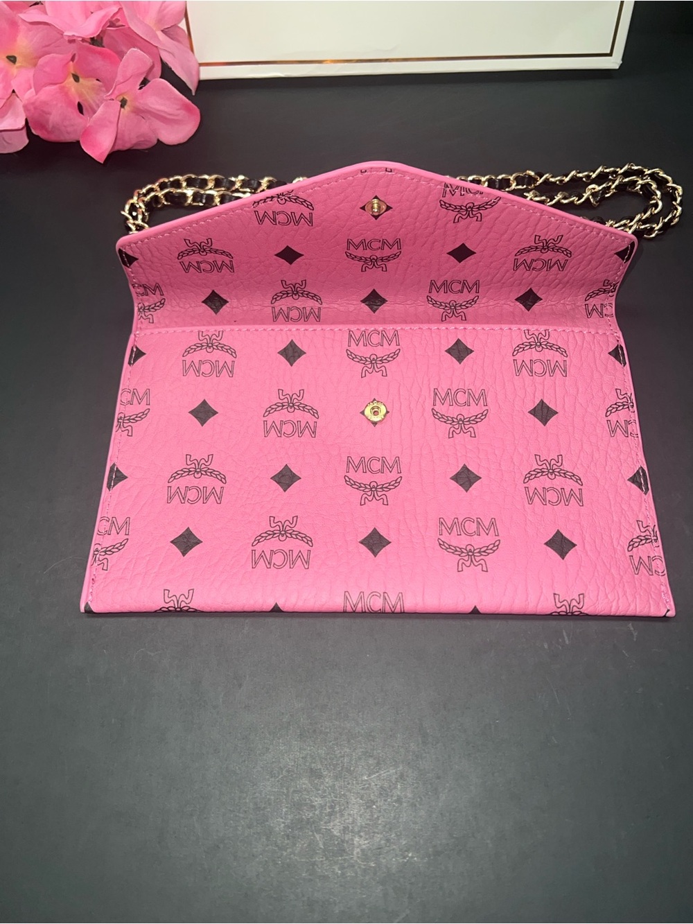 MCM Pink Visetos Envelope Clutch with Black and Gold Shoulder Strap - Picture 3 of 5
